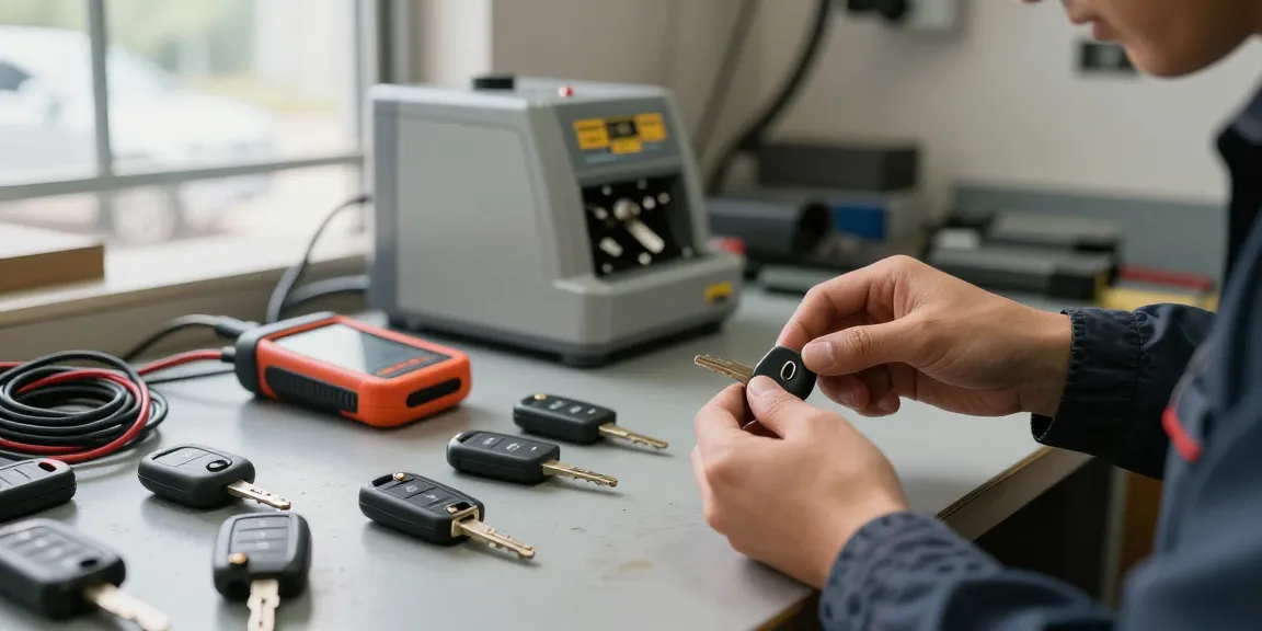 Schlüssel für Auto werden in einer professionellen Werkstatt geprüft und angefertigt.