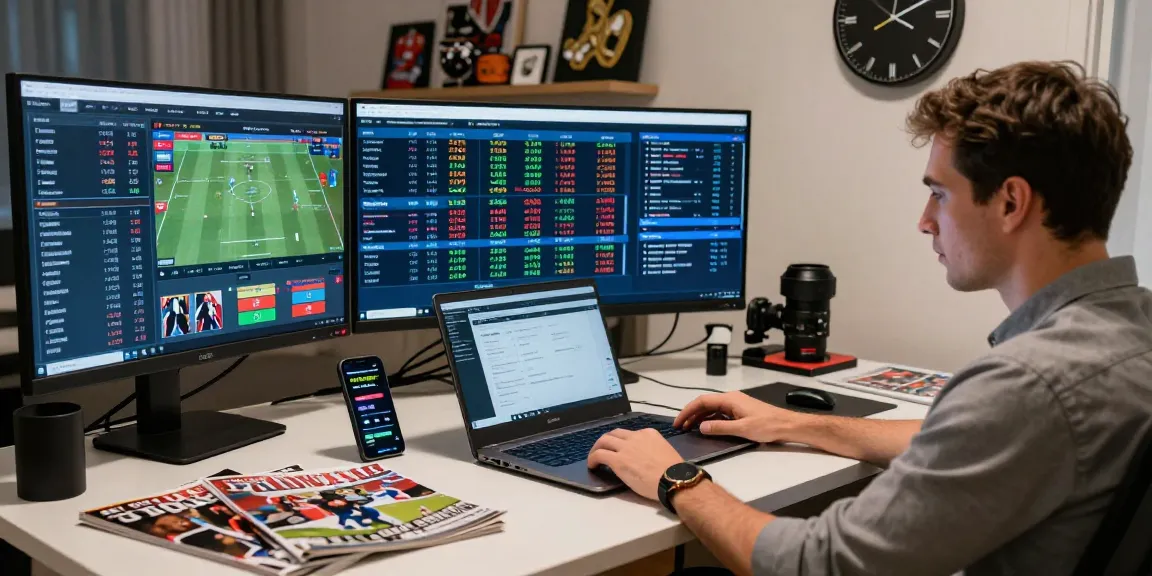 Scène de paris sportifs avec bookmaker sans limite de mise, parieur professionnel analysant des cotes et événements en direct.