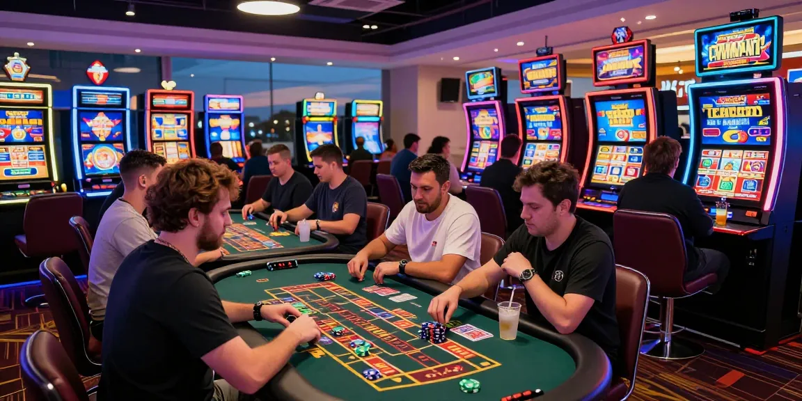 Casinos en ligne avec joueurs enthousiastes autour des machines à sous et tables de roulette, atmosphère énergique et conviviale.
