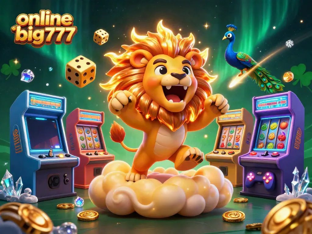 Experience the excitement of online casino big777 with vibrant 3D illustration showcasing a sun lion and golden dice.