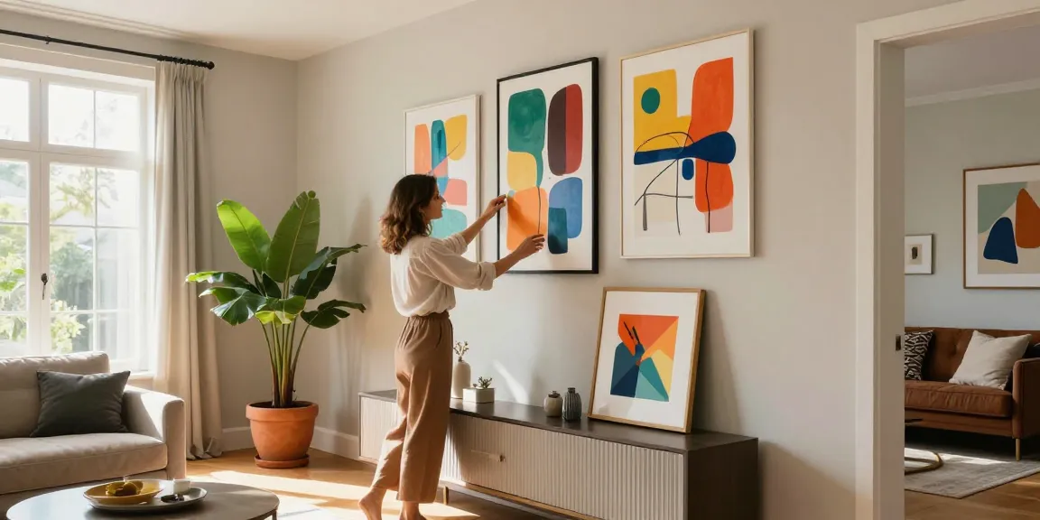 Moderne Wandbilder im stilvollen Wohnzimmer, kreative Frau arrangiert Kunstwerke für ein gemütliches Zuhause.