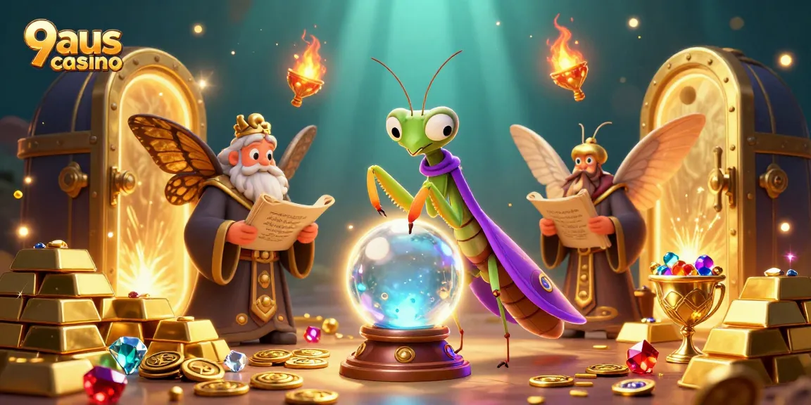 Engage with fortune-telling fun at 9aus casino, vibrant 3D illustration of luck and jewels.