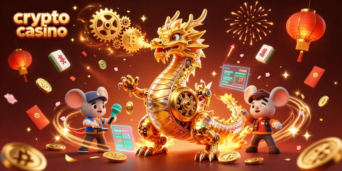 Illustration d'un casino crypto avec un dragon doré et des éléments de jeu futuristes