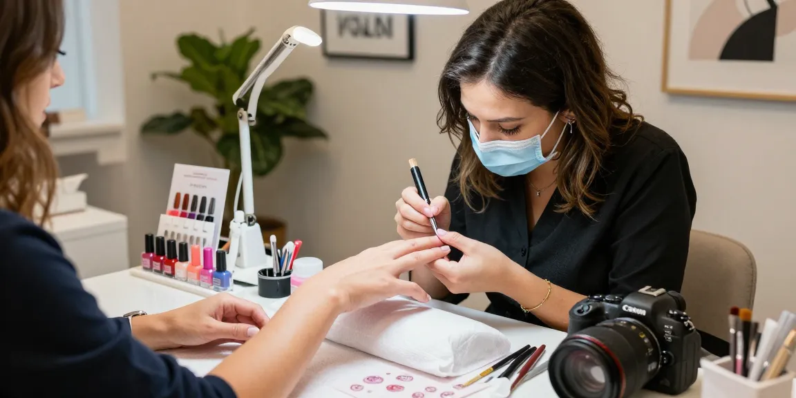 Aplicarea ojei semipermanente într-un salon elegant cu culori vibrante și unelte.