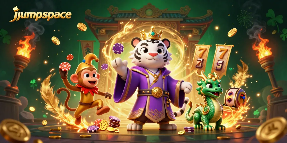 Win at jumpspace with a majestic tiger and playful monkey in a vibrant casino scene.