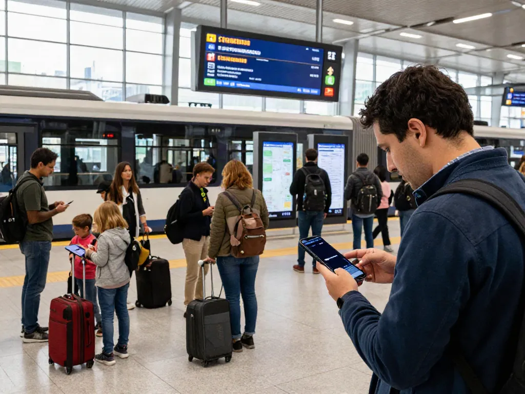 Sciopero app alerts commuters at a busy transportation hub during a strike.