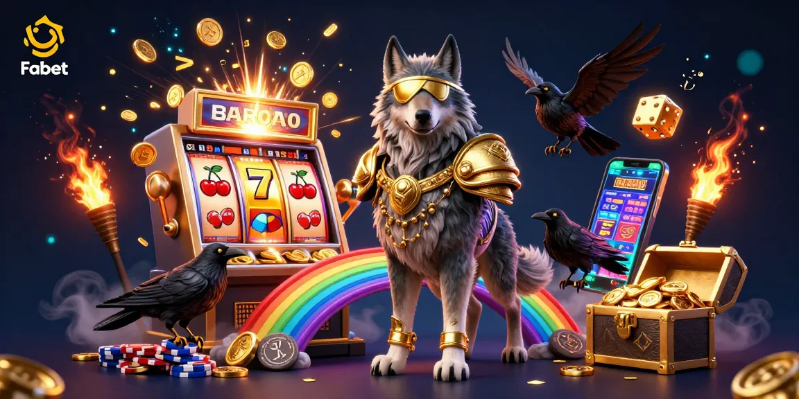 Play slots with Fabet as a Norse wolf and ravens celebrate jackpot wins with vibrant casino elements.