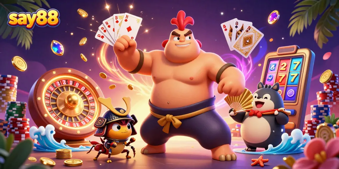 Experience the vibrant energy of say88 with dynamic characters and casino elements in an engaging 3D casino illustration.