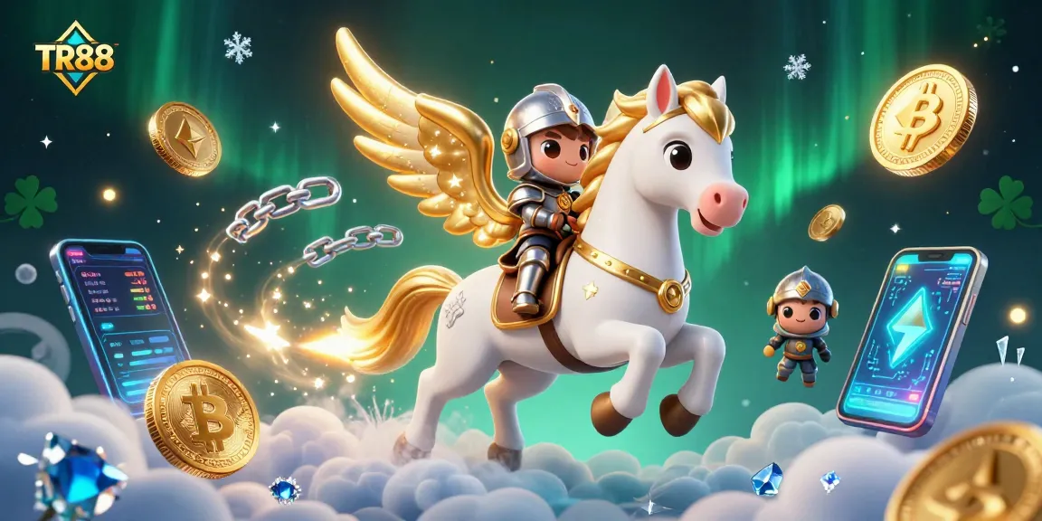Experience thrilling gaming at TR88 with a celestial knight amidst digital riches and vibrant casino elements.