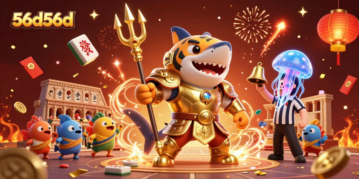 Join the thrilling games at 56d56d with a tiger shark gladiator and festive underwater action!