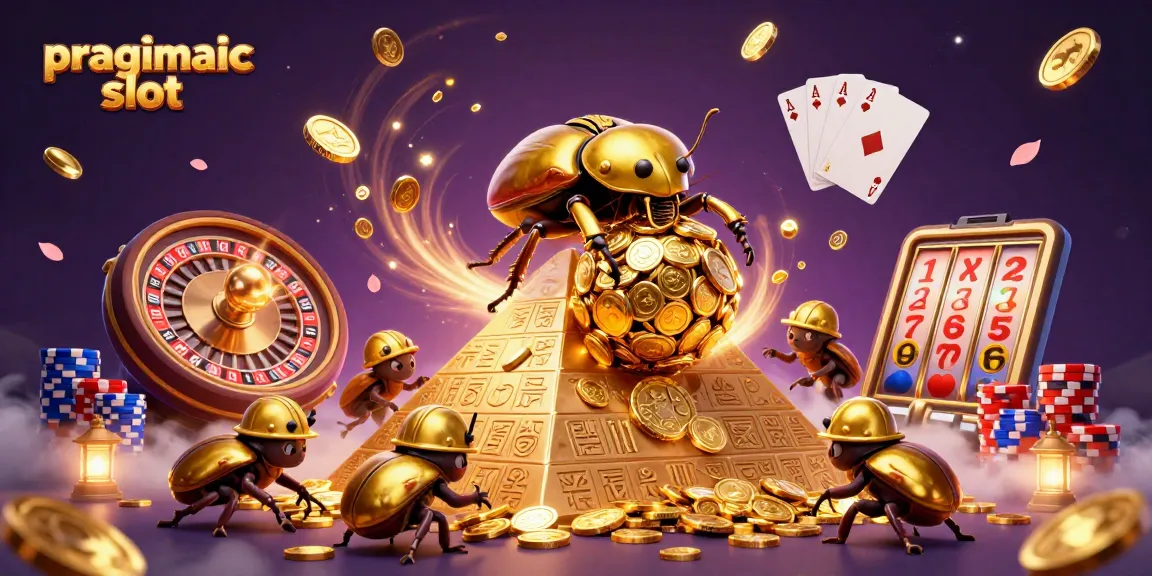 Menggandeng pengalaman bermain di pragmatic slot, ilustrasi menarik dengan karakter beetle emas berputar mengangkut koin keberuntungan.