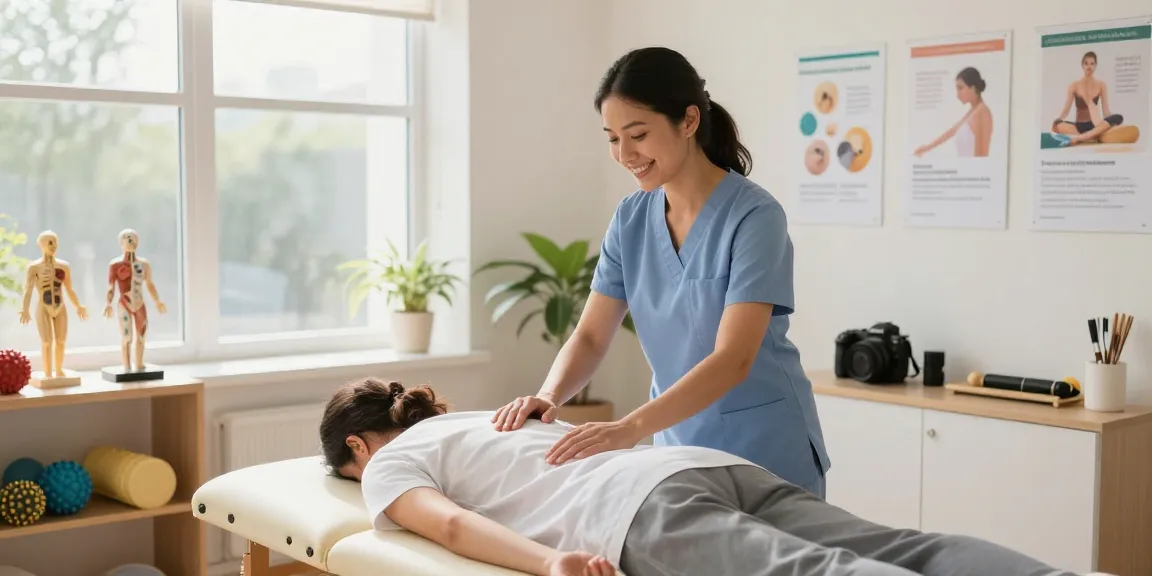 Osteopath Burlington clinic scene with practitioner and patient in a soothing environment.