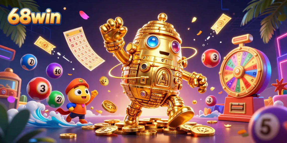 Experience 68win's vibrant gaming world with a dynamic 3D illustration of a golden golem and lottery elements.