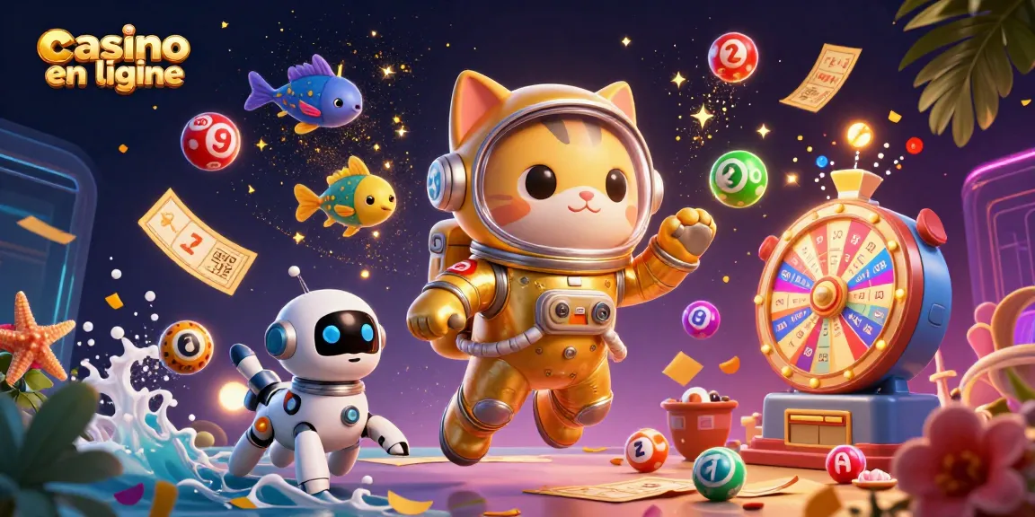 Découvrez l'univers captivant du casino en ligne avec des éléments de loterie et des personnages 3D animés.