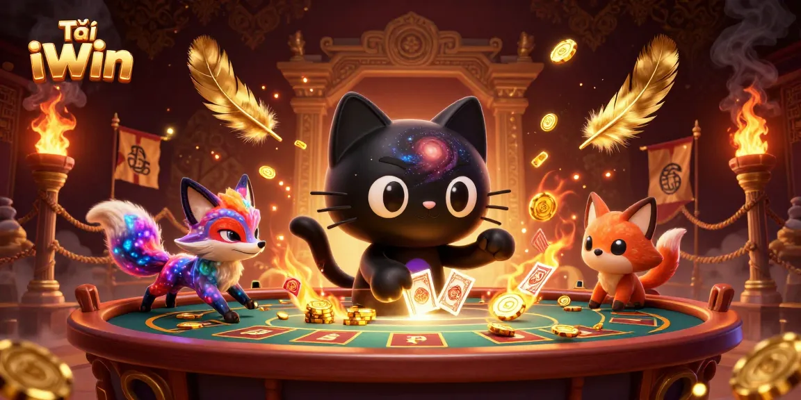 Tải iWin with a black hole cat attracting chips at a vibrant cosmic casino scene.