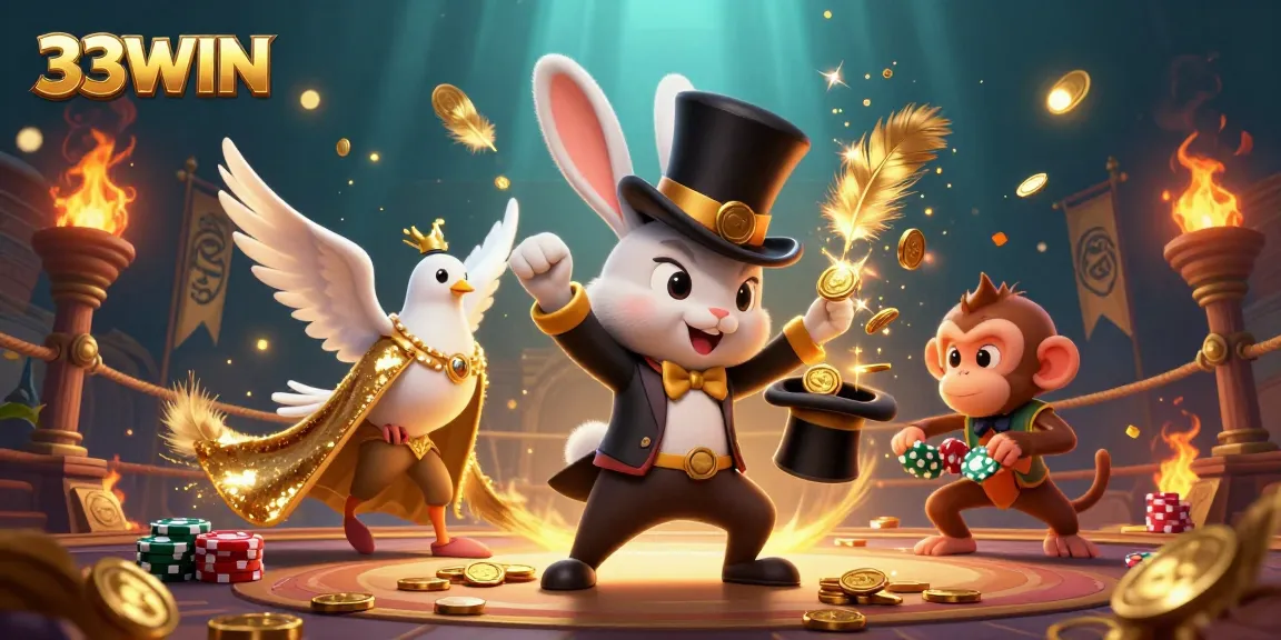 33WIN showcases a magical scene with a magician rabbit, fetching golden coins, amidst a vibrant casino atmosphere.