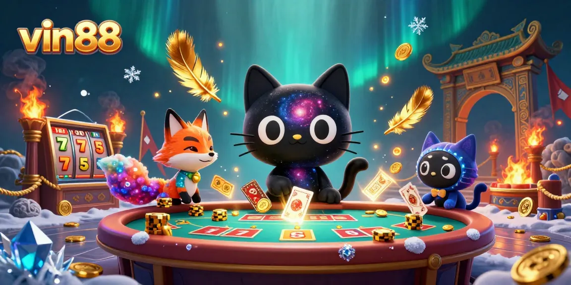 vin88 players engaging with a cosmic casino table, featuring vibrant characters and colorful gaming elements
