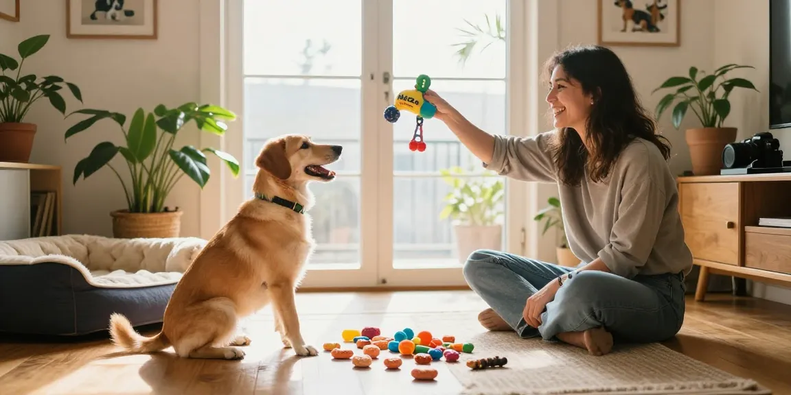 A joyful pet owner interacts with a dog using a NAGA2000 toy in a cozy home.