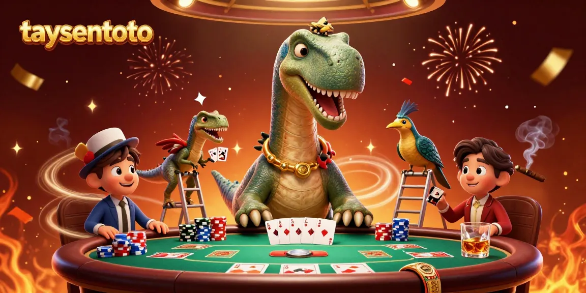 Rasakan keseruan taruhan di taysentoto dengan ilustrasi brontosaurus raksasa di kasino seolah melihat meja poker.
