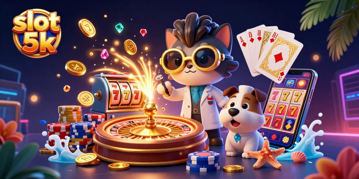 Engage with interactive slot 5k experience as a cat scientist creates a lively casino atmosphere with coins and gems.