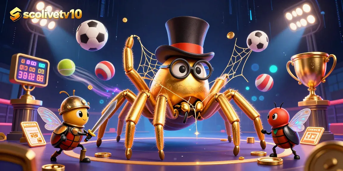 Socolivetv10 entertains with a dynamic 3D scene of sports elements and a golden tarantula.