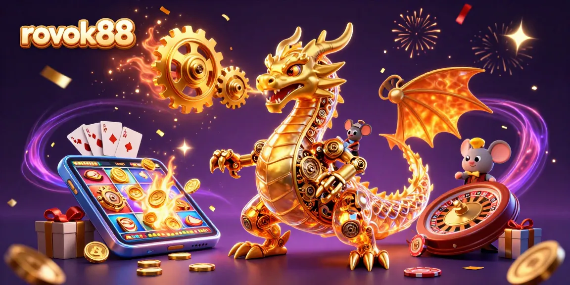 Spin the reels with rokok88's vibrant slot game illustration showcasing golden coins and playful characters.