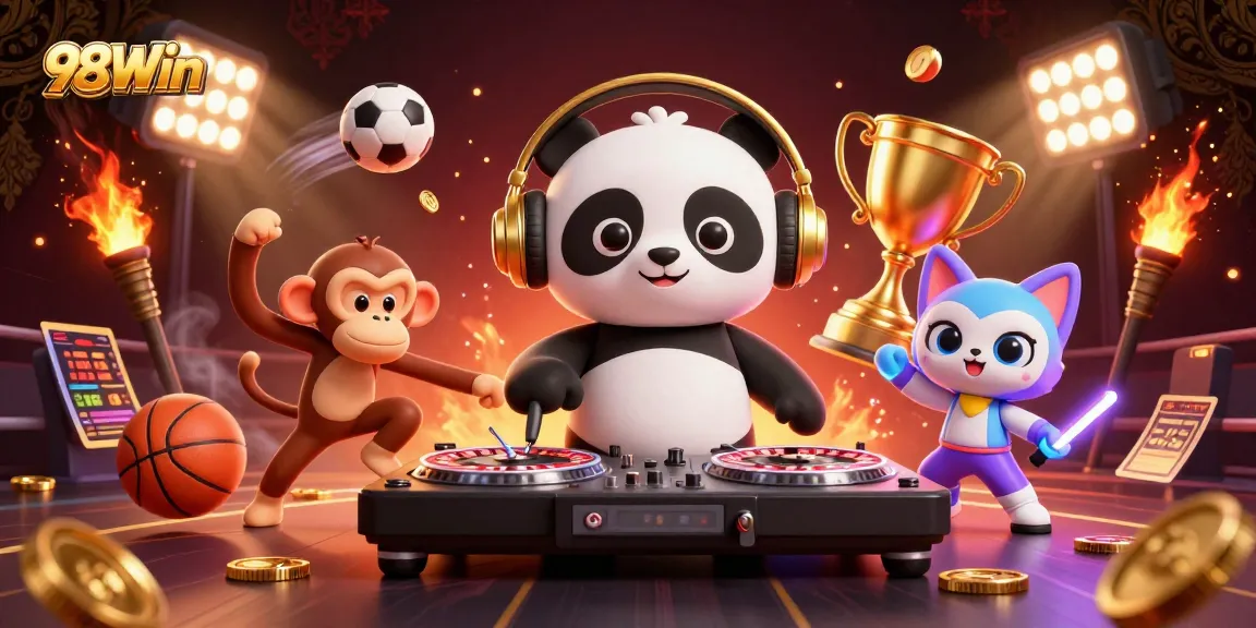 Experience excitement at 98Win with captivating characters in a vibrant, casino-themed scene