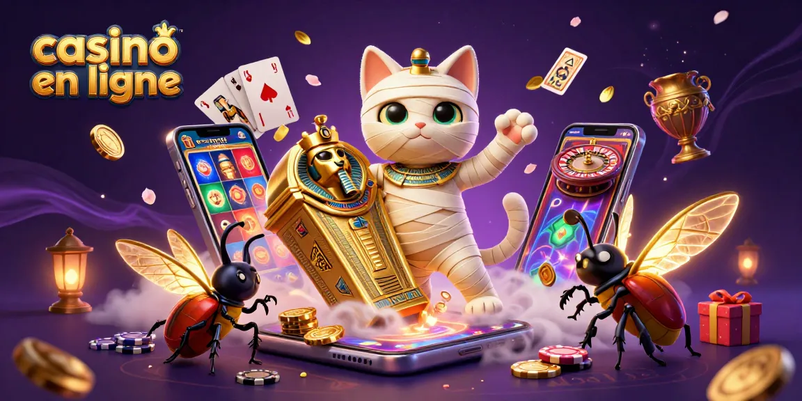 Jouez à casino en ligne avec un chat momie égyptien et un scarabée doré dans un casino pyramidal dynamique.