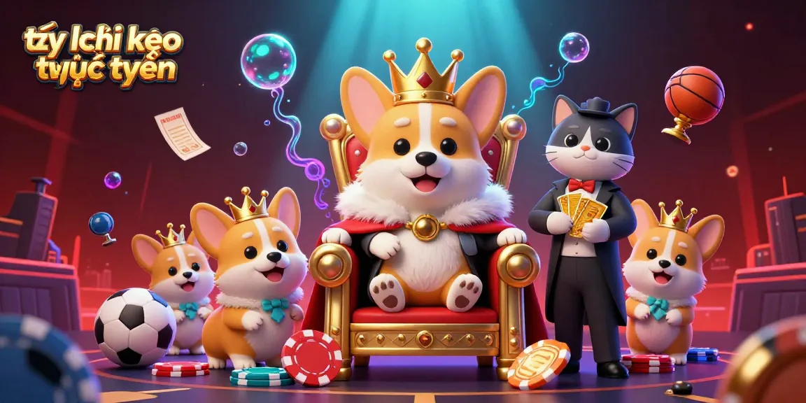 Experience thrilling tỷ lệ kèo trực tuyến with royal corgi characters surrounded by sports elements and vibrant visuals.