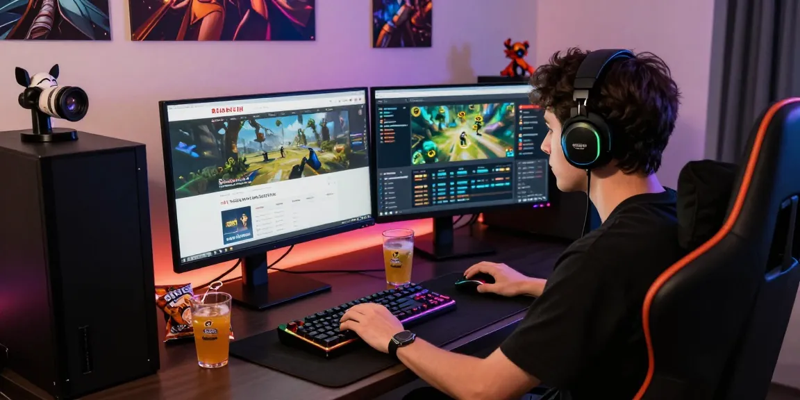 Pengguna rajareceh fokus di meja gaming dengan perangkat modern dan pencahayaan RGB.