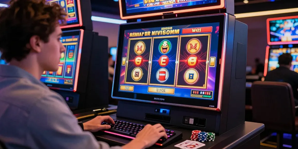 Meilleur casino en ligne : joueur enthousiaste sur une machine à sous numérique dans un environnement moderne et éclairé.