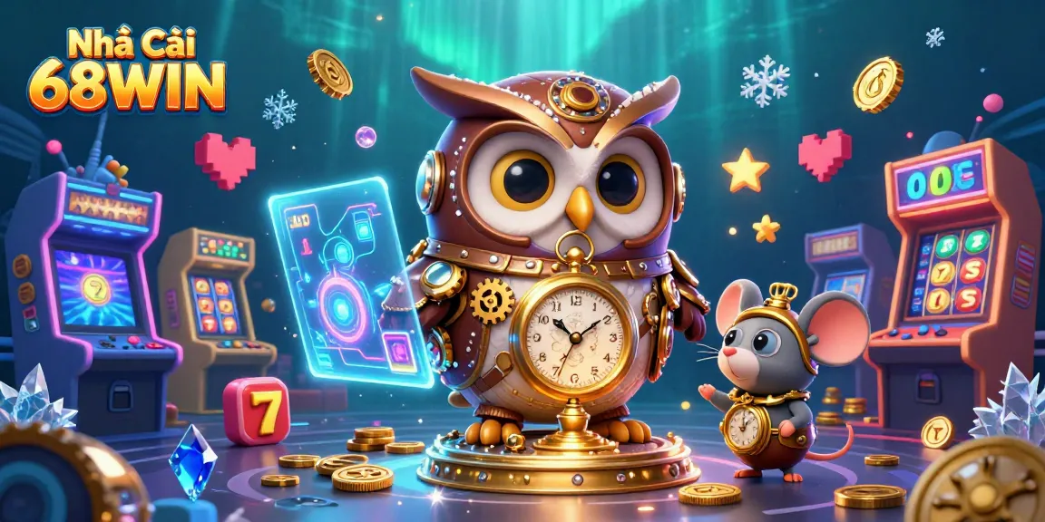 Engage with Nhà Cái 68WIN's vibrant 3D illustration highlighting nostalgic casino elements and dynamic gaming action.