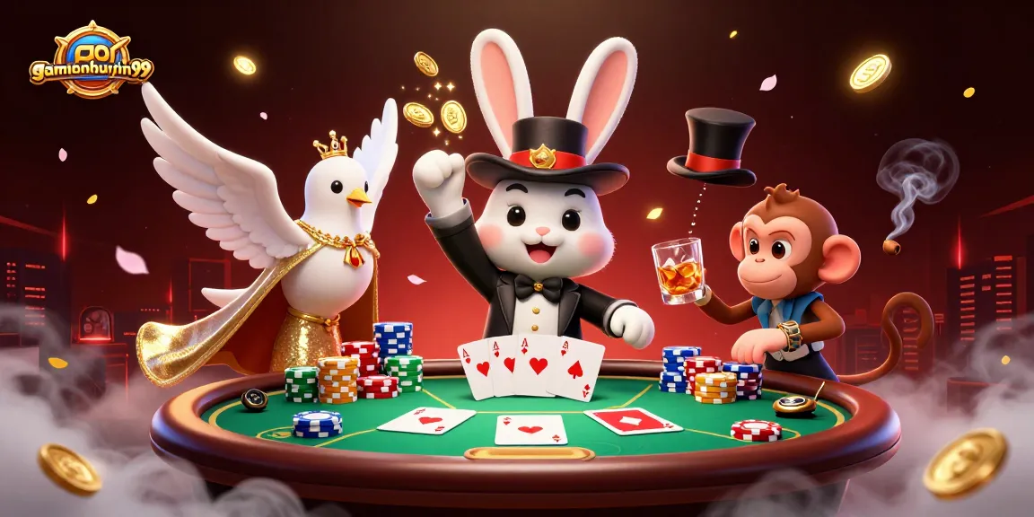 Engage with gamenohuuytin99 in a vibrant casino scene featuring a magician rabbit and poker fun.