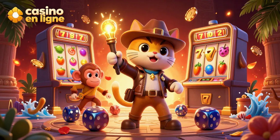 Illustration dynamique représentant un explorateur et un chat découvrant un artefact de casino en ligne parmi un décor de jeux.