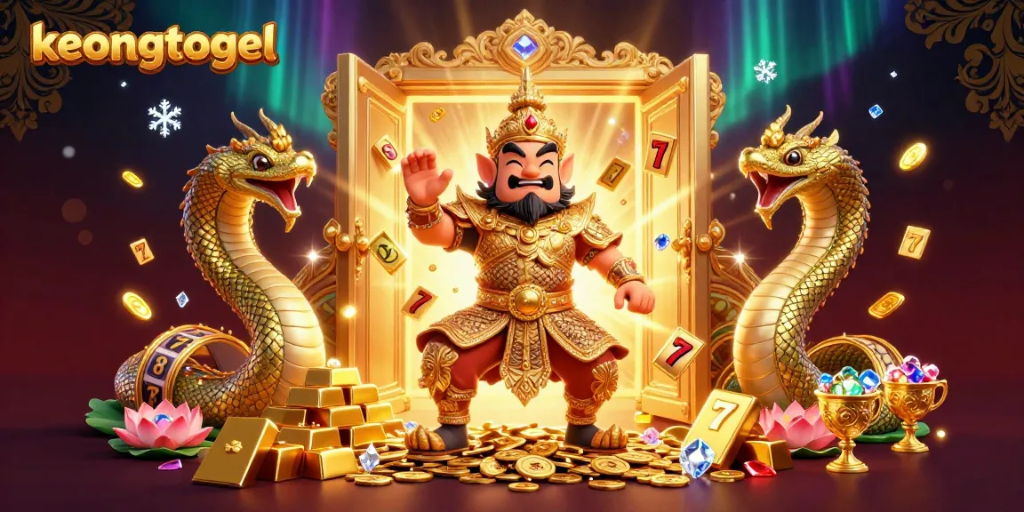 Experience the excitement in keongtogel's vibrant casino scene with golden treasures and dynamic slot reels.
