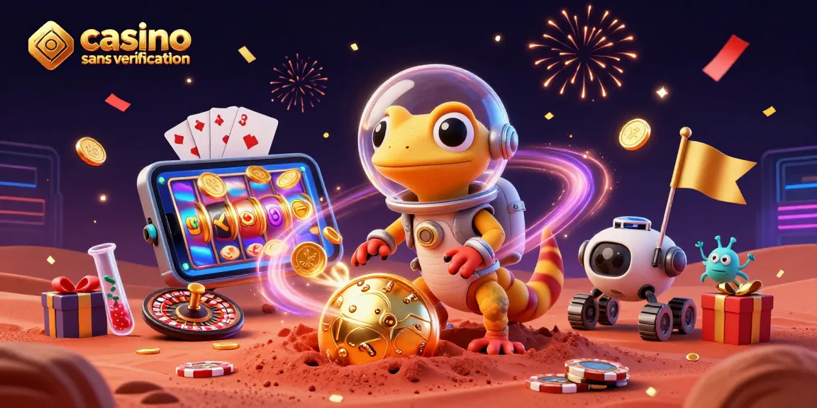 Jouez dans un casino sans vérification avec une illustration de gecko martien et un rover sur Mars.