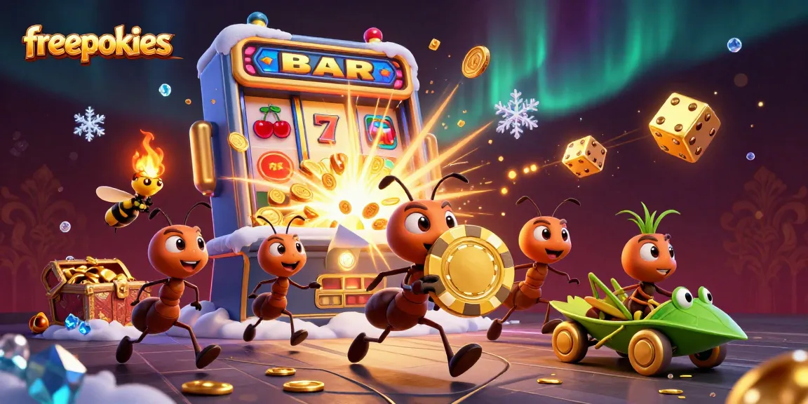 Play freepokies with a heist team of ants and casino riches in a vibrant, detailed 3D scene.
