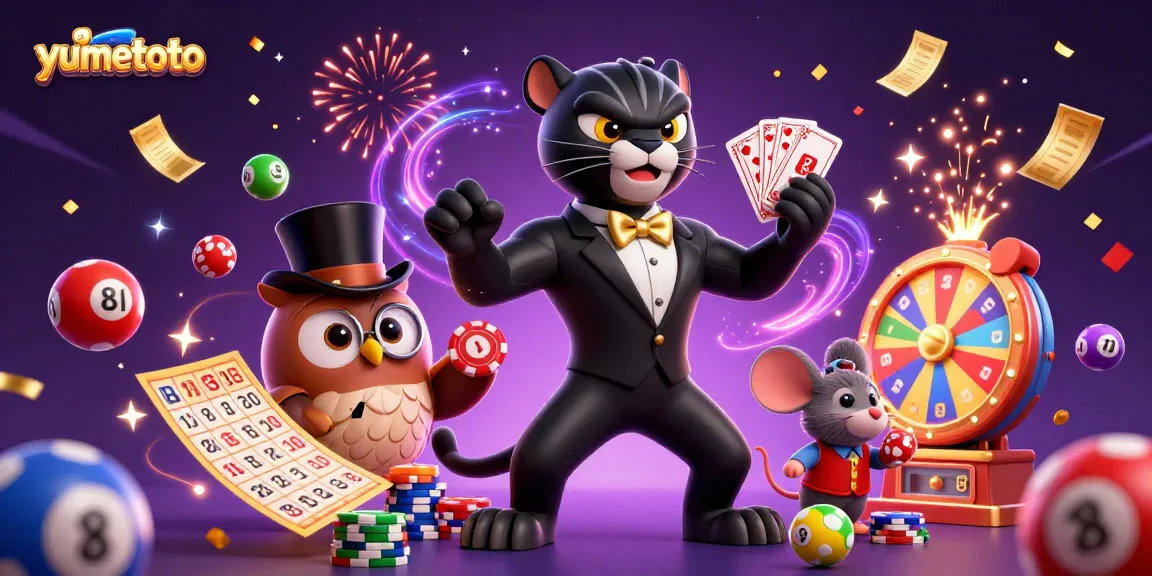Mengambil kesempatan di yumetoto, panther bergaya melempar kartu sambil dikelilingi bola lotere berwarna, pengganda keberuntungan di kasino.