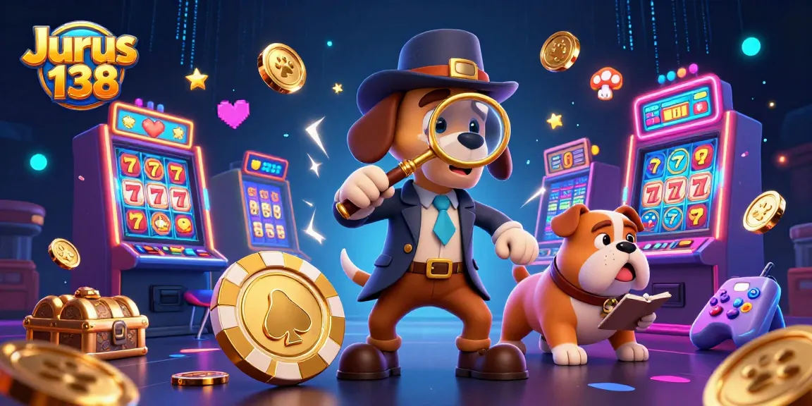 Experience Jurus 138's dynamic and colorful slot gaming adventure with cartoon detective characters analyzing clues.