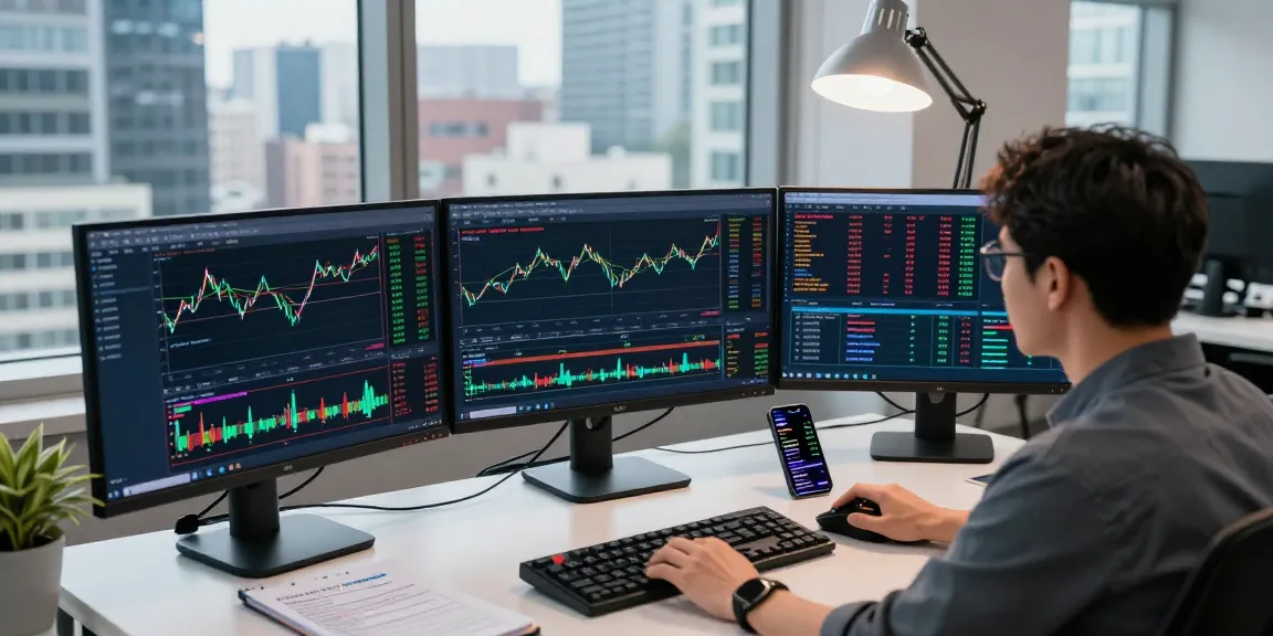 Trader using MetaTrader 4 on multiple screens in a dynamic workspace