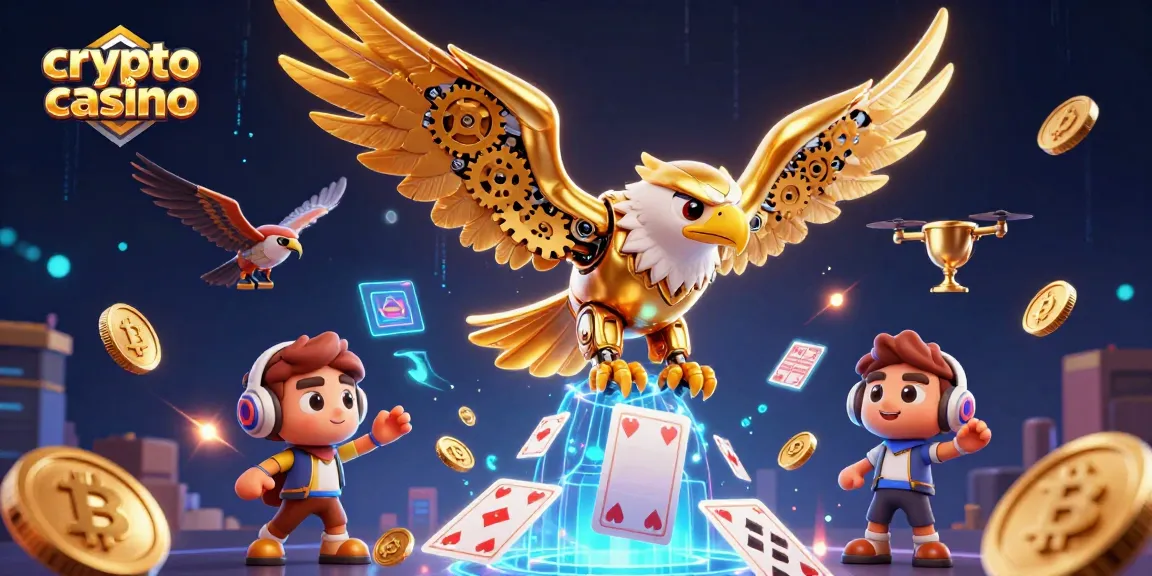 Gioca nel crypto casino con un'aquila dorata e elementi tecnologici futuristici.