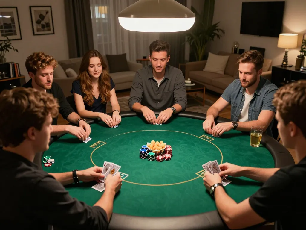 Pengaturan permainan poker online Bintangmpo dengan teman-teman yang menikmati pertandingan strategis dalam lingkungan rumah yang nyaman.
