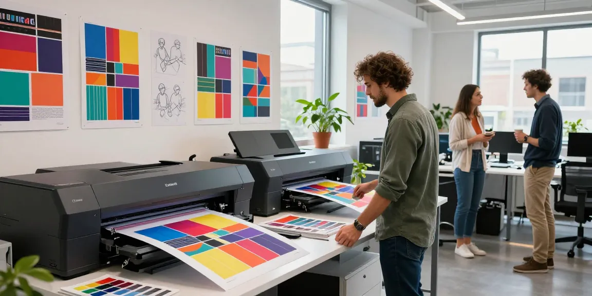 Graphic designer using poster printer machines in a vibrant office.