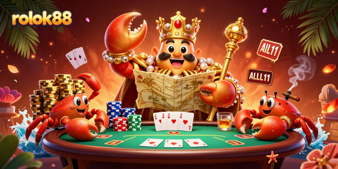 Engage in the vibrant world of rokok88 with a golden crab emperor ruling a dynamic poker scene.