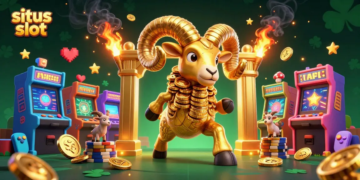 Experience excitement at situs slot with energetic golden ram, arcade machines, and vibrant gaming elements.