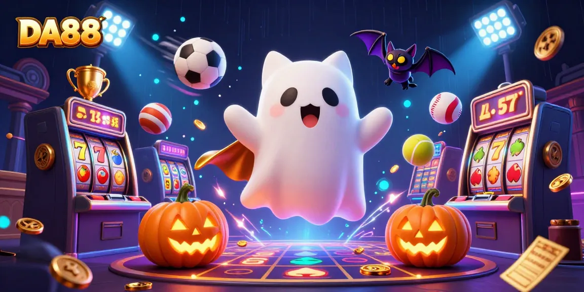 Engage with DA88's thrilling haunted casino scene featuring a ghost cat and vibrant game action.
