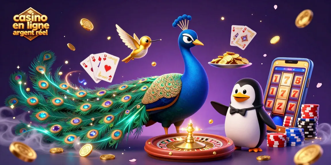 Illustration captivante d'un casino en ligne argent réel avec des personnages animés colorés, jetons et cartes.