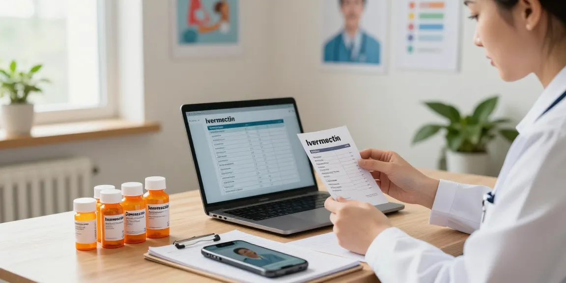 Ivermectin dosage for humans verification in a healthcare setting with organized prescriptions and a laptop for consultation.