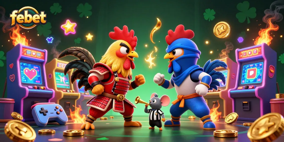 Engage with febet's thrilling casino experience featuring dynamic 3D cartoon roosters in a vibrant gaming standoff.