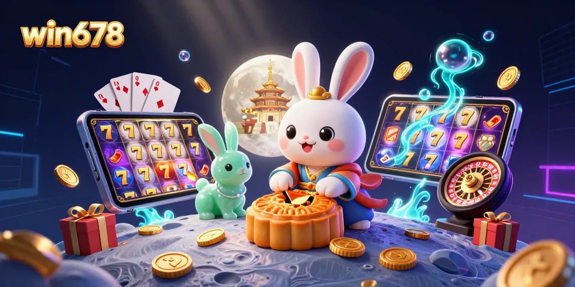 Experience the thrill of win678 with a vibrant illustration of a moon rabbit amidst casino excitement.